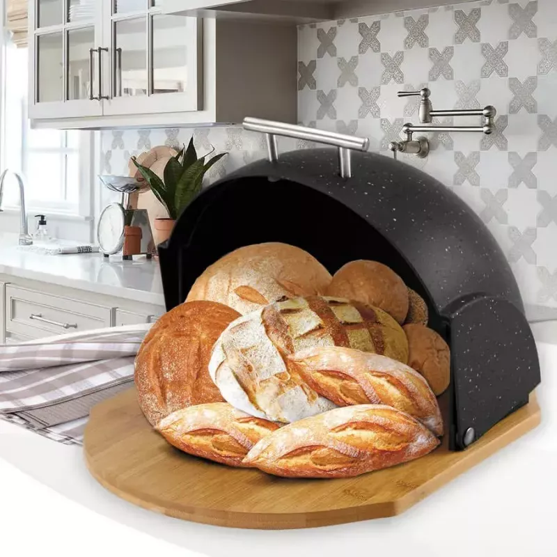 Bread box Maestro MR-1678G-BLACK — oval bread storage container, plastic with bamboo lid, 350×200×250 mm