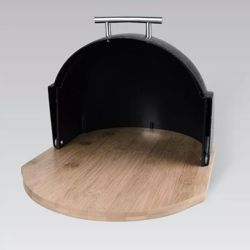 Bread box Maestro MR-1678G-BLACK — oval bread storage container, plastic with bamboo lid, 350×200×250 mm