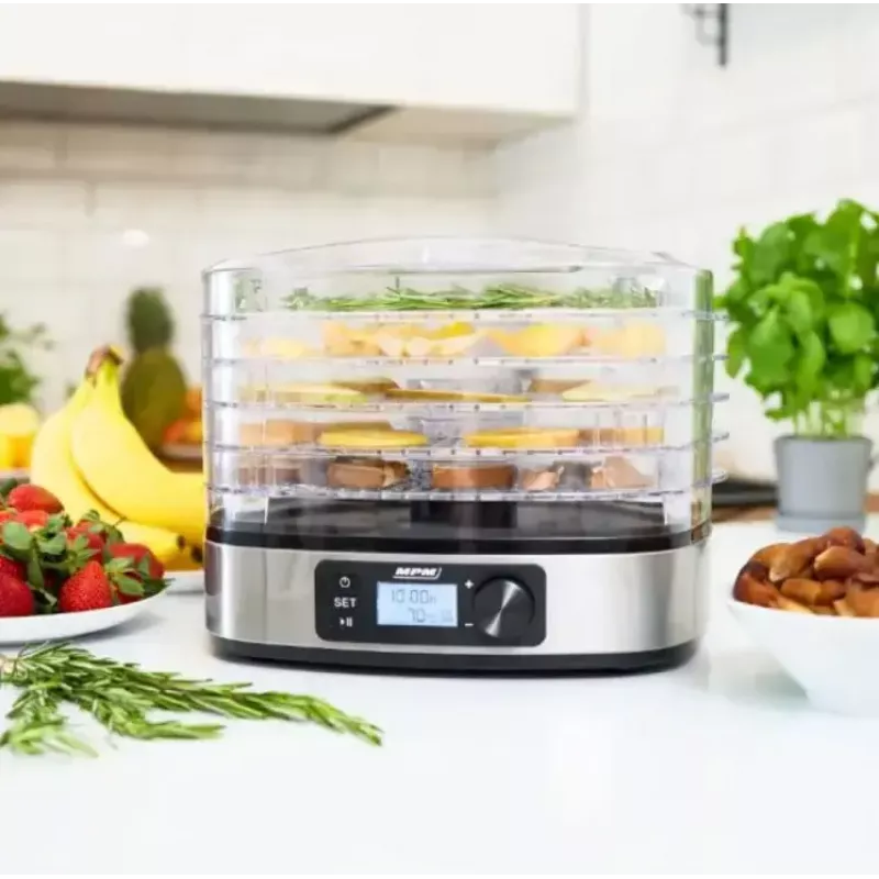 Food dryer MPM MSG-12 dehydrator, 6 trays, 380 W, 35–75 °C, 0.5–36 h timer, stainless steel housing
