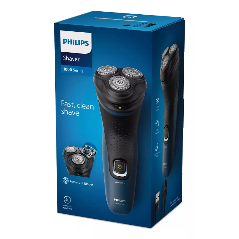 Electric Men's Shaver Philips S1151/00 rotation 3-head, NiMH battery, wet & dry, 40 min runtime, black/blue