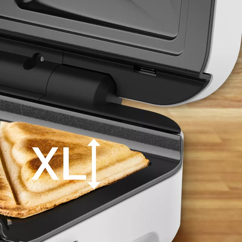 Sandwich maker Tefal SW7011 — 850 W, stainless steel and white, compact 238×276×98 mm