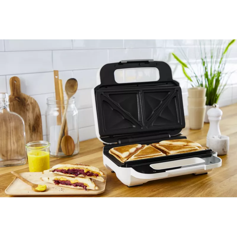 Sandwich maker Tefal SW7011 — 850 W, stainless steel and white, compact 238×276×98 mm