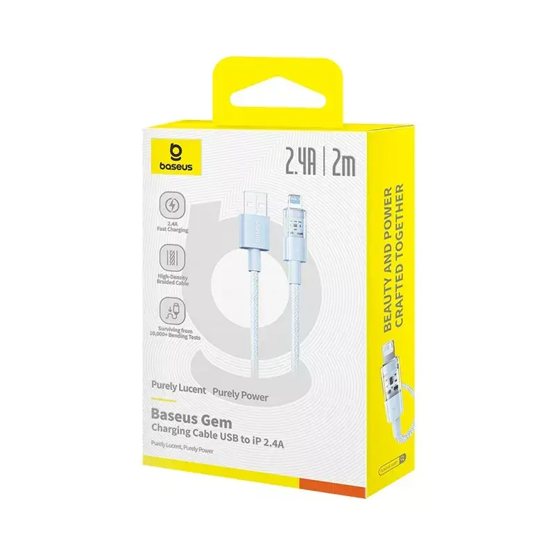 USB cable Baseus Gem P10373003311-01 — 2 m, 2.4 A, Lightning to USB-A, nylon jacket, blue
