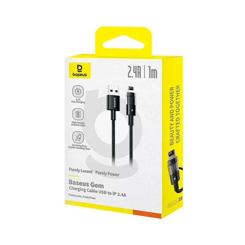 USB charging cable Baseus Gem P10373003111-00, 1 m, 2.4 A, Nylon jacket, Lightning, USB-A, Black