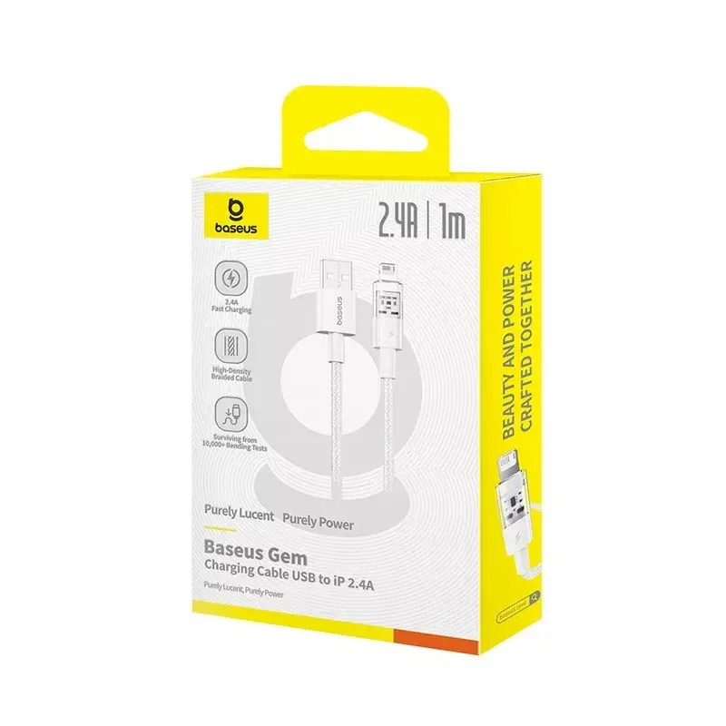 USB charging cable Baseus Gem P10373003211-00, 1 m, 2.4 A, Lightning/USB-A, white, nylon jacket