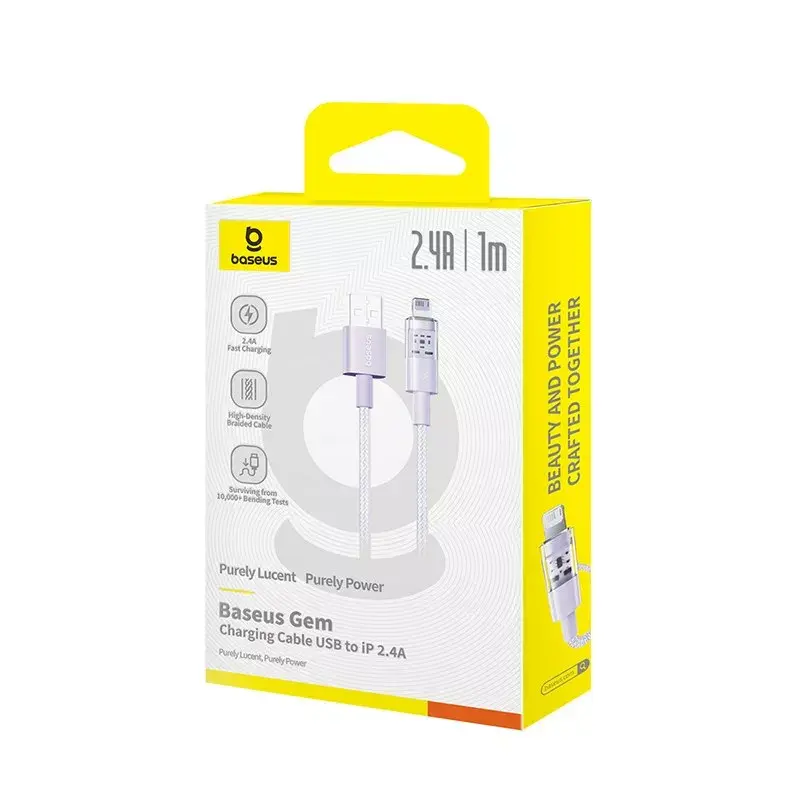 USB cable Baseus Gem P10373003511-00 — 1 m nylon, Lightning to USB-A, 2.4 A fast charging, purple