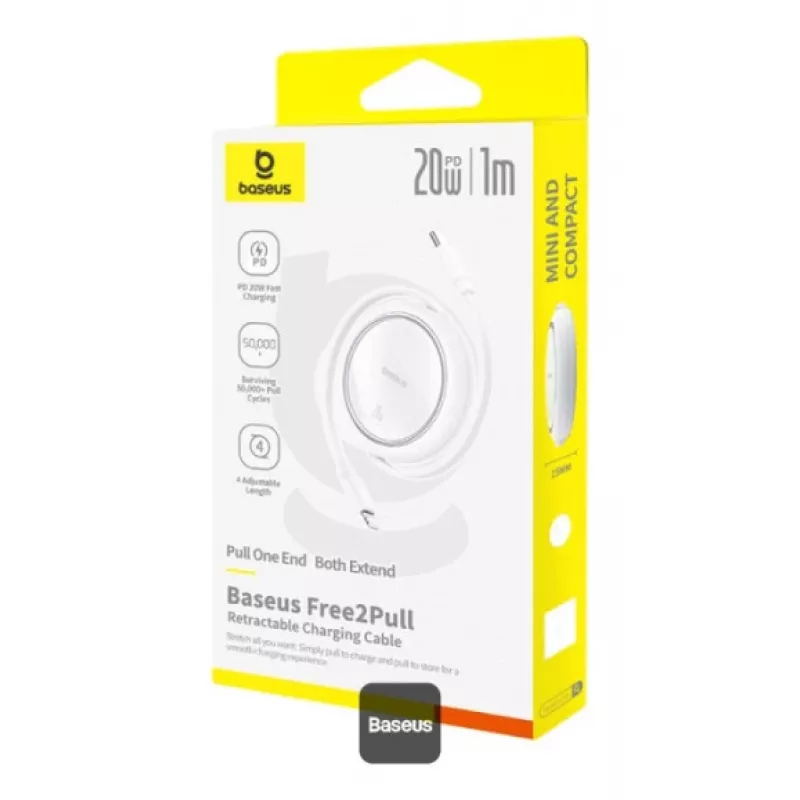 BASEUS Free2pull Expandable USB C To Ip Ligtning Fast Charging Cable 1 M 20 W White