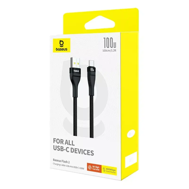 USB A to USB C cable Baseus Flash 2 1m 100W Black, USB PD, 480 Mbps, Nylon
