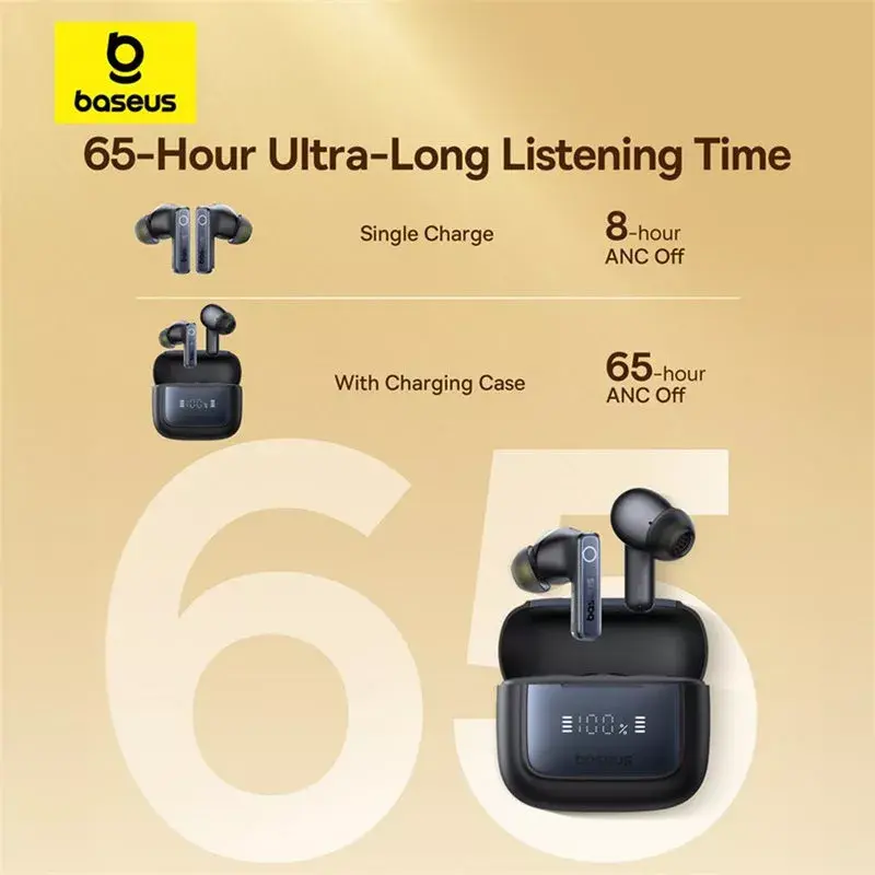 True Wireless in-ear headset Baseus 35 True — Bluetooth 5.3, ANC, 8 h playback (ANC off), 65 h with case, 800 mAh case, USB-C, black
