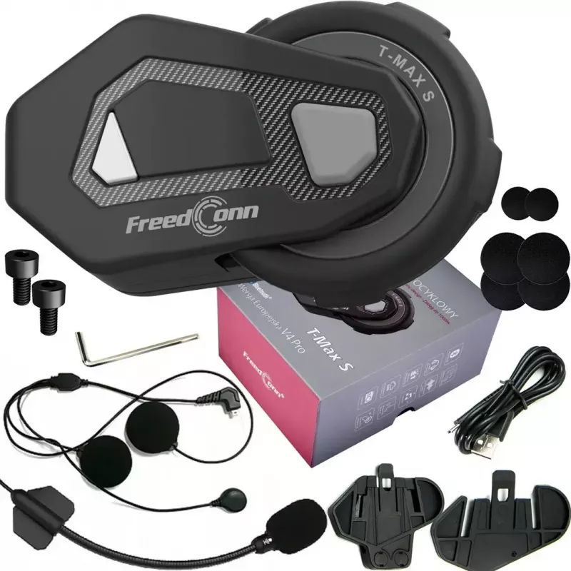 Headset FreedConn T-MAX S V4 PRO SINGLE — Bluetooth 5.1, Intercom up to 1000 m, FM radio, 11 h talk time, LiPo 500 mAh
