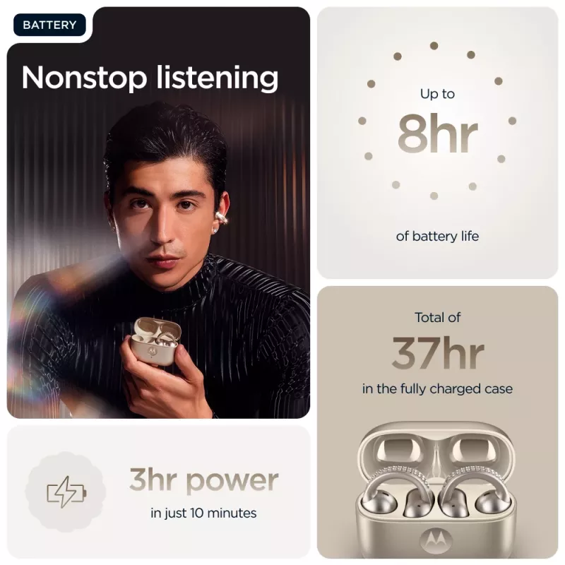 Headset Motorola Moto Buds Loop Bluetooth ear-clip-on binaural, Dolby Atmos, Bluetooth 5.0, ANC, 8 h playback, charging case 520 mAh, beige