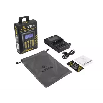 Battery charger XTAR VC4SL for Li‑ion, Ni‑MH, Ni‑Cd cells — 4‑bay, DC powered, compatible with 18650 and other cylindrical batteries, black