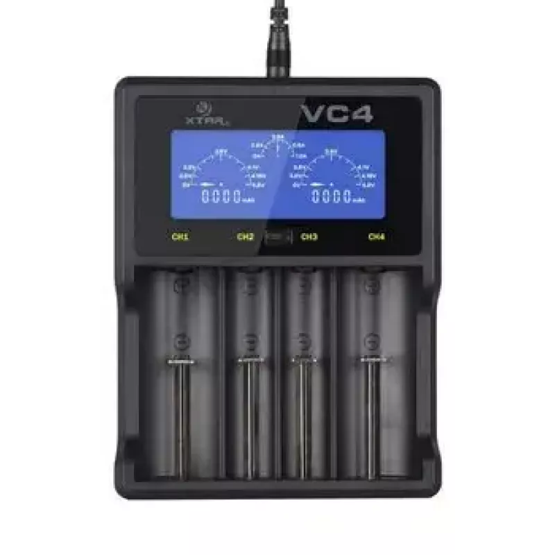 Battery charger XTAR VC4SL for Li‑ion, Ni‑MH, Ni‑Cd cells — 4‑bay, DC powered, compatible with 18650 and other cylindrical batteries, black
