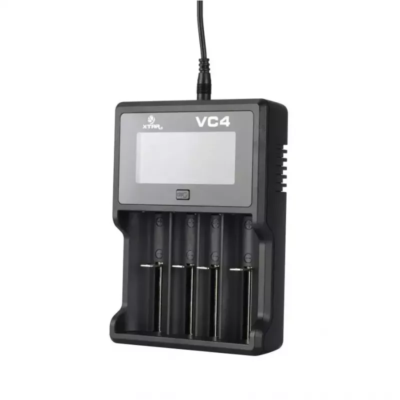 Battery charger XTAR VC4SL for Li‑ion, Ni‑MH, Ni‑Cd cells — 4‑bay, DC powered, compatible with 18650 and other cylindrical batteries, black