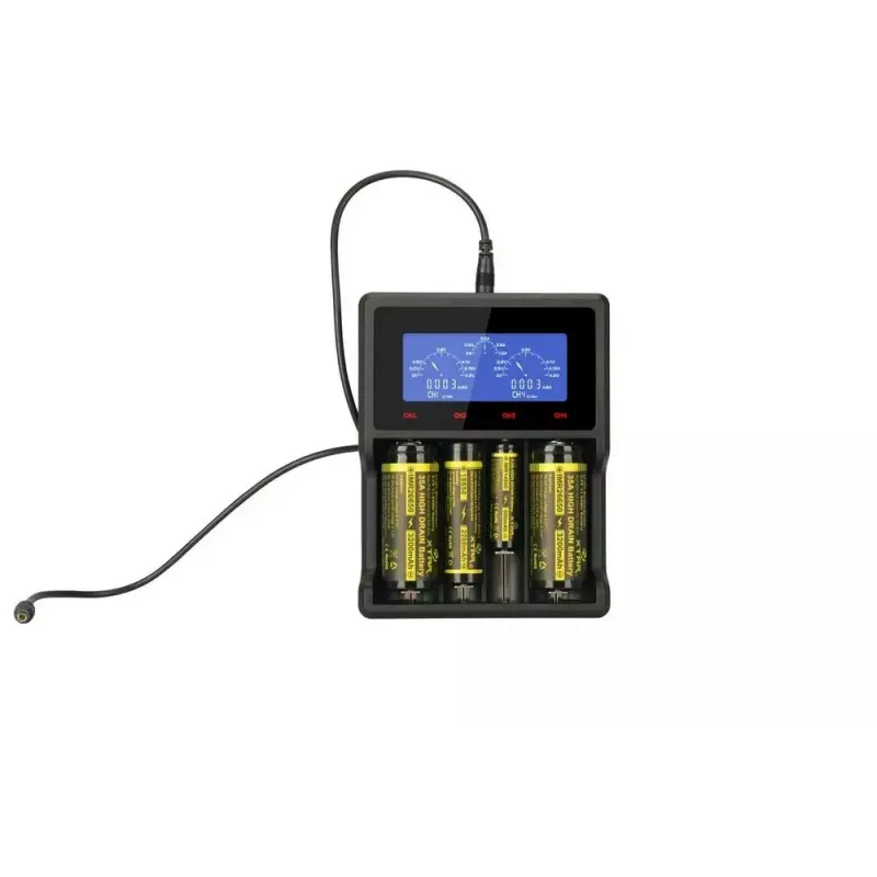 Battery charger XTAR VC4SL for Li‑ion, Ni‑MH, Ni‑Cd cells — 4‑bay, DC powered, compatible with 18650 and other cylindrical batteries, black