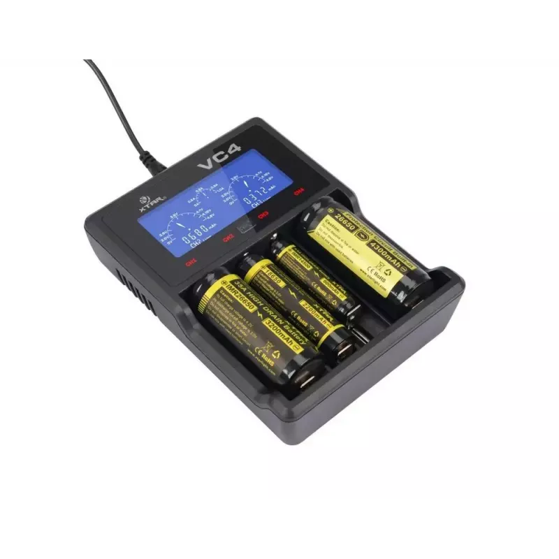 Battery charger XTAR VC4SL for Li‑ion, Ni‑MH, Ni‑Cd cells — 4‑bay, DC powered, compatible with 18650 and other cylindrical batteries, black