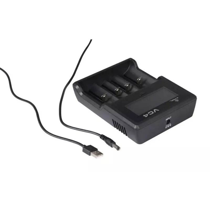 Battery charger XTAR VC4SL for Li‑ion, Ni‑MH, Ni‑Cd cells — 4‑bay, DC powered, compatible with 18650 and other cylindrical batteries, black
