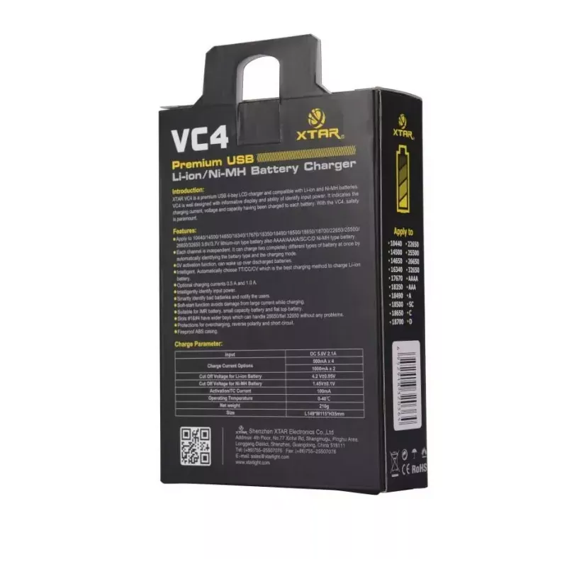 Battery charger XTAR VC4SL for Li‑ion, Ni‑MH, Ni‑Cd cells — 4‑bay, DC powered, compatible with 18650 and other cylindrical batteries, black
