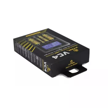 Battery charger XTAR VC4SL for Li‑ion, Ni‑MH, Ni‑Cd cells — 4‑bay, DC powered, compatible with 18650 and other cylindrical batteries, black