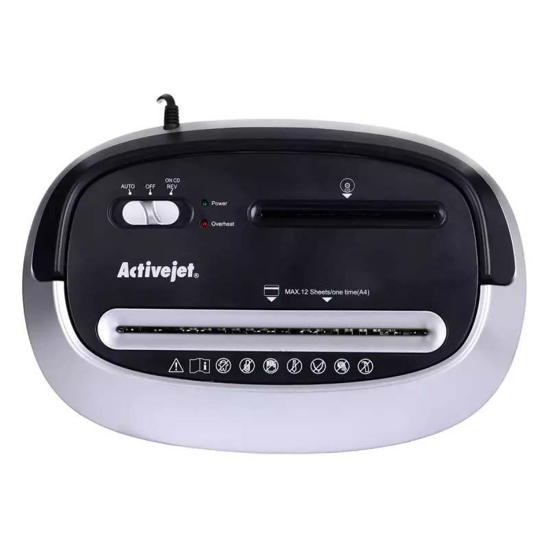Paper shredder ActiveJet ASH-1201D, strip cut 5 x 38 mm, 22 cm entry, 12-sheet capacity, 25 L basket, P-3, black