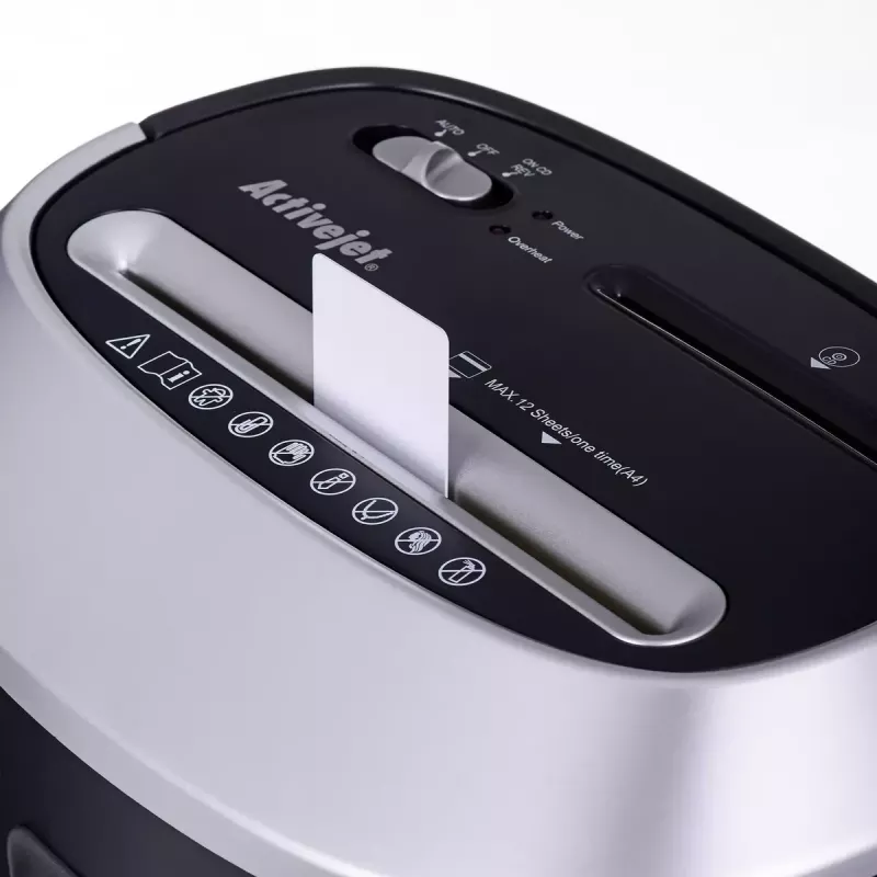 Paper shredder ActiveJet ASH-1201D, strip cut 5 x 38 mm, 22 cm entry, 12-sheet capacity, 25 L basket, P-3, black
