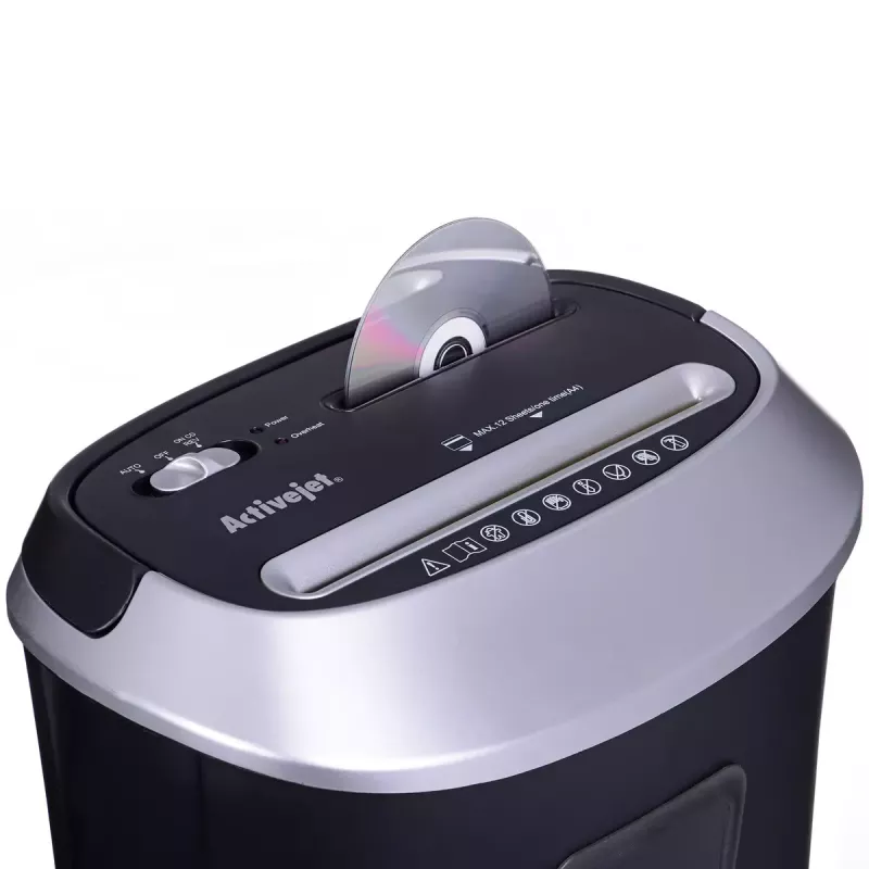 Paper shredder ActiveJet ASH-1201D, strip cut 5 x 38 mm, 22 cm entry, 12-sheet capacity, 25 L basket, P-3, black