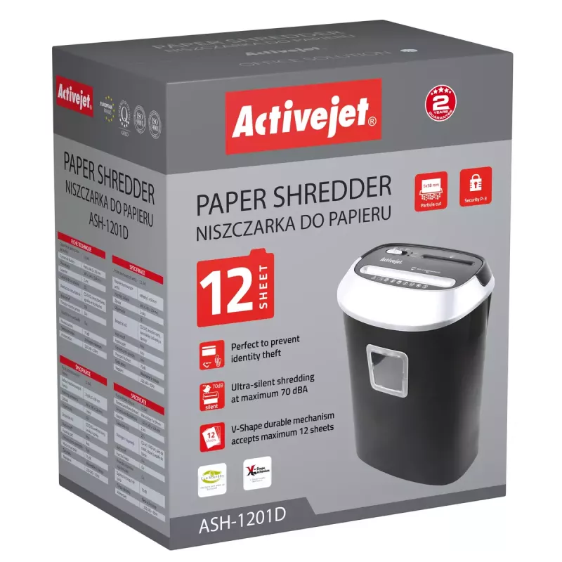 Paper shredder ActiveJet ASH-1201D, strip cut 5 x 38 mm, 22 cm entry, 12-sheet capacity, 25 L basket, P-3, black