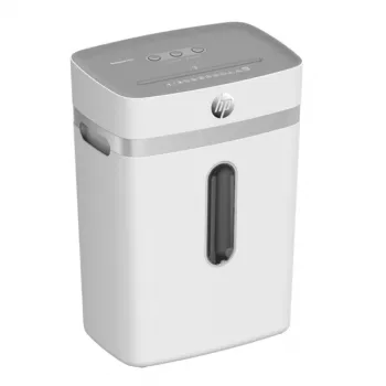 Paper shredder HP OneShred 12CC particle-cut P-4 12-sheet capacity 22 cm width 23 L basket 4×35 mm 65 dB White