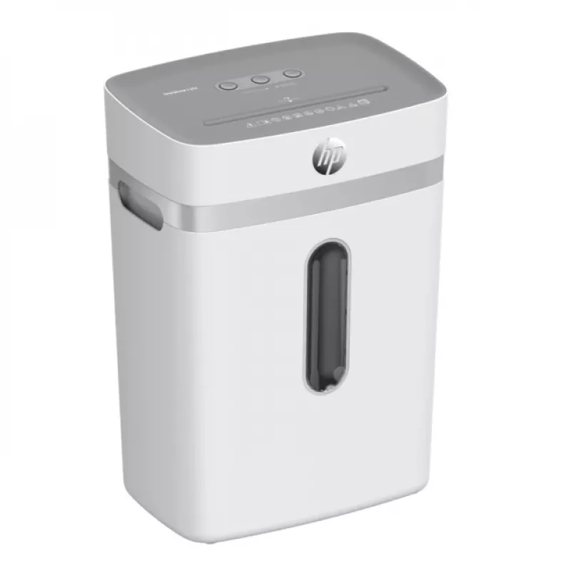 Paper shredder HP OneShred 12CC particle-cut P-4 12-sheet capacity 22 cm width 23 L basket 4×35 mm 65 dB White