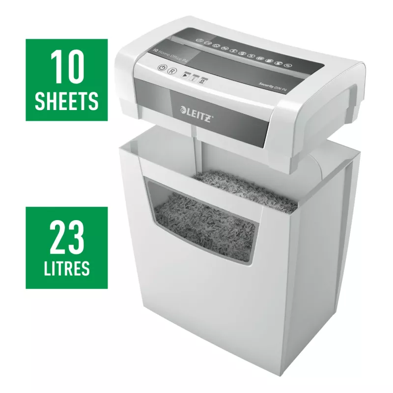 Leitz IQ Home Office Paper Shredder P4, Particle-cut shredding, 22 cm, 4 x 28 mm, 23 L, 225 sheets, 58 dB