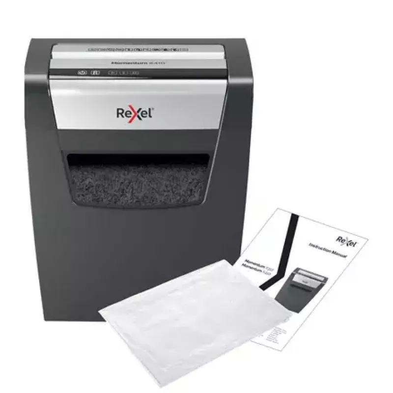 Paper shredder REXEL Momentum X410 — particle-cut P-4, 4 x 28 mm, 10-sheet capacity, 23 L basket, anti-jam