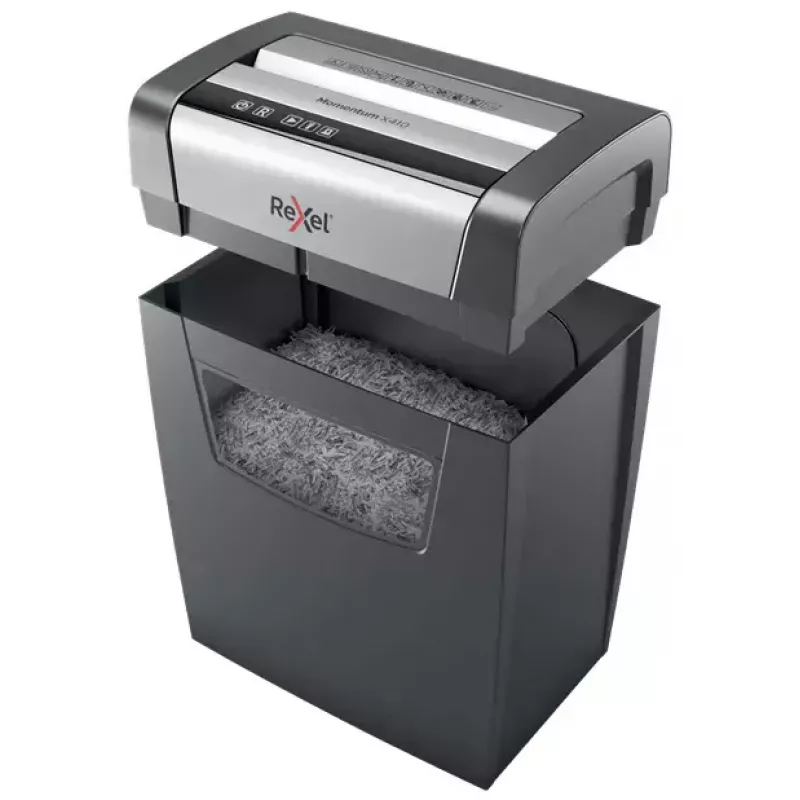 Paper shredder REXEL Momentum X410 — particle-cut P-4, 4 x 28 mm, 10-sheet capacity, 23 L basket, anti-jam