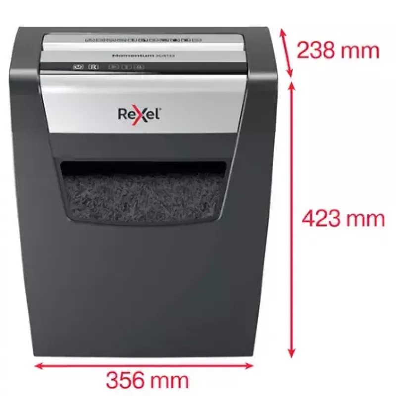 Paper shredder REXEL Momentum X410 — particle-cut P-4, 4 x 28 mm, 10-sheet capacity, 23 L basket, anti-jam