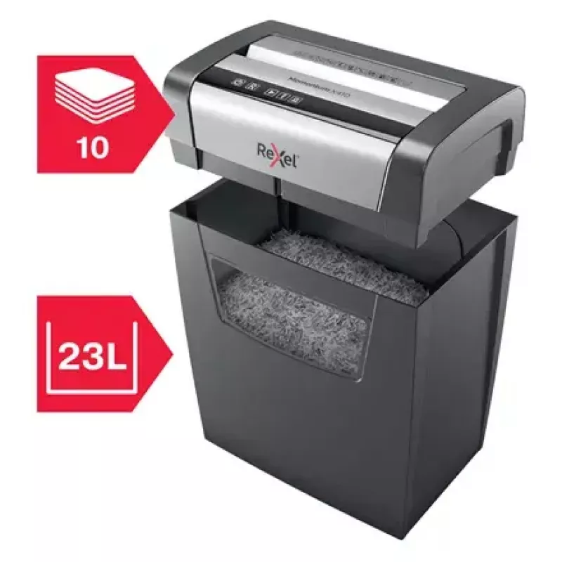 Paper shredder REXEL Momentum X410 — particle-cut P-4, 4 x 28 mm, 10-sheet capacity, 23 L basket, anti-jam