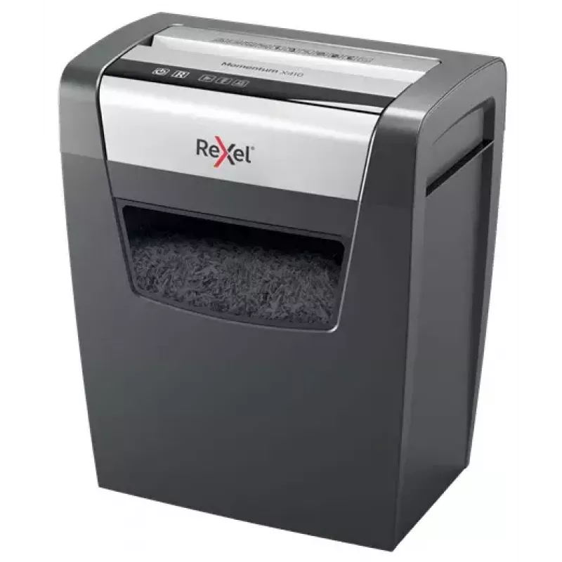 Paper shredder REXEL Momentum X410 — particle-cut P-4, 4 x 28 mm, 10-sheet capacity, 23 L basket, anti-jam