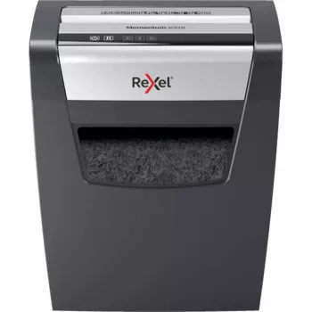 Paper shredder REXEL Momentum X410 — particle-cut P-4, 4 x 28 mm, 10-sheet capacity, 23 L basket, anti-jam