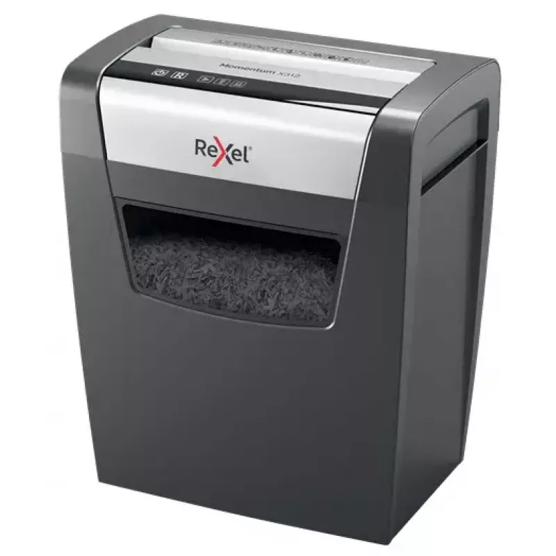 Paper shredder REXEL Momentum X312 — particle-cut P-3, 12-sheet capacity, 23 L bin, 5 x 42 mm
