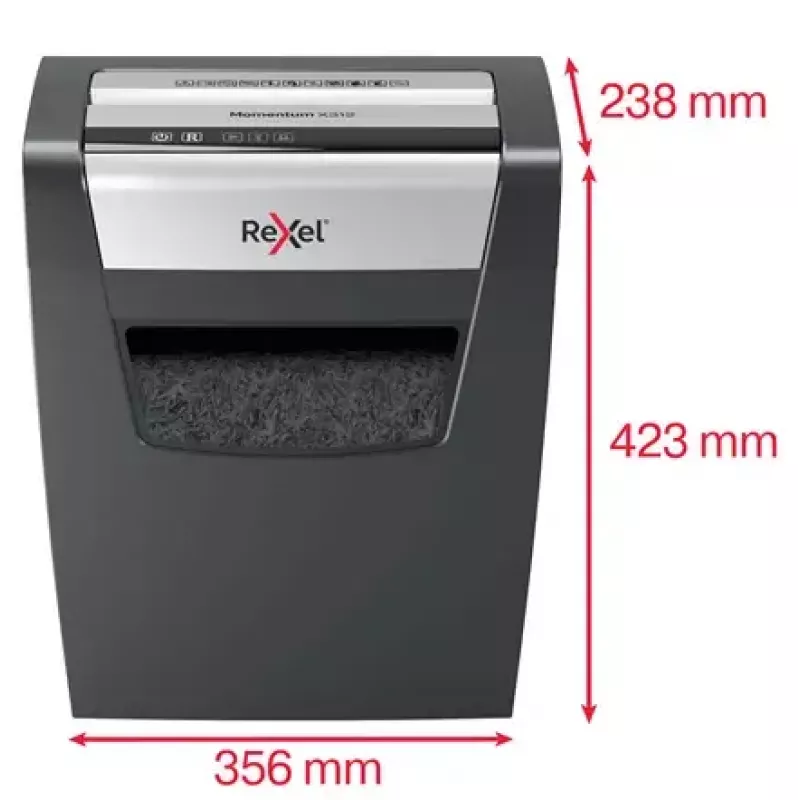 Paper shredder REXEL Momentum X312 — particle-cut P-3, 12-sheet capacity, 23 L bin, 5 x 42 mm