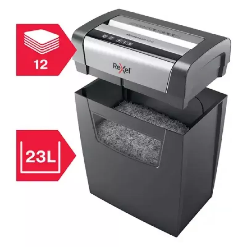 Paper shredder REXEL Momentum X312 — particle-cut P-3, 12-sheet capacity, 23 L bin, 5 x 42 mm