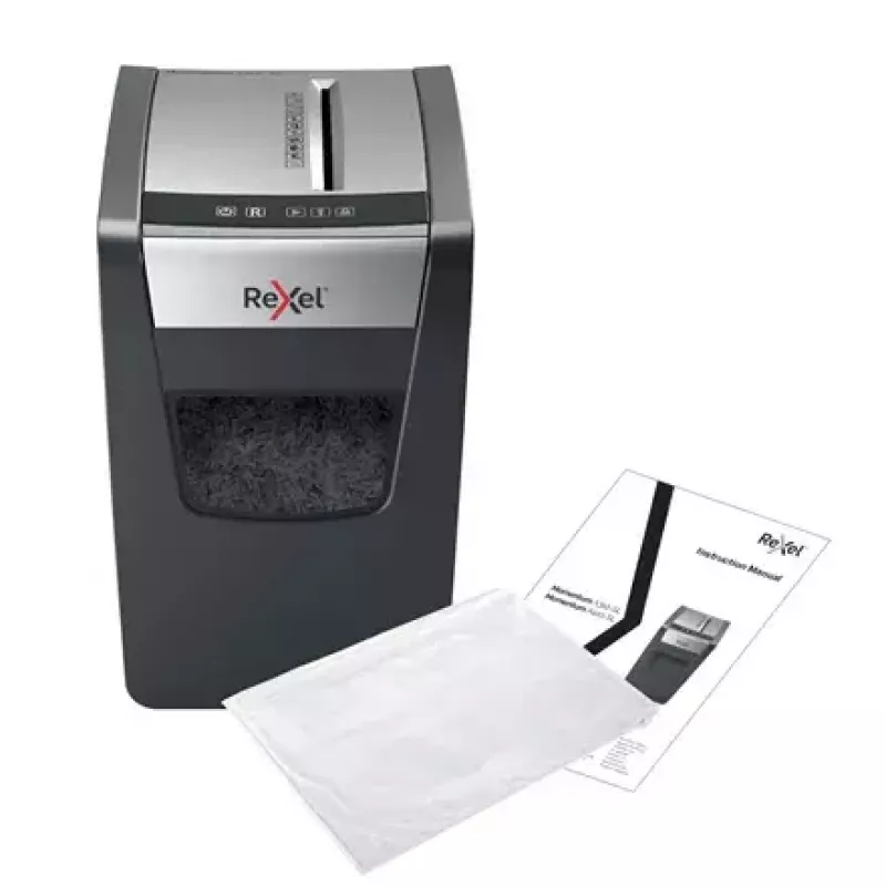 Shredder REXEL Momentum X312-SL — particle-cut 5 x 42 mm, 12-sheet capacity, 23 L basket, buttons control