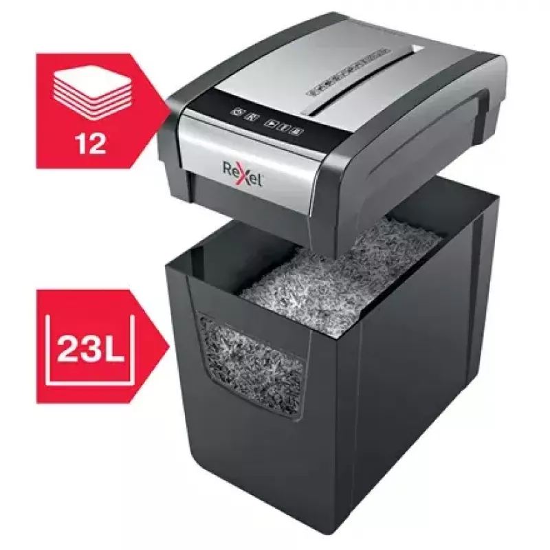 Shredder REXEL Momentum X312-SL — particle-cut 5 x 42 mm, 12-sheet capacity, 23 L basket, buttons control