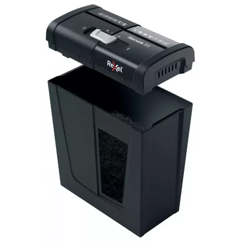 Paper shredder REXEL Secure S5 — strip shredder, 5-sheet capacity, 6 mm cut, 10 L bin, P-2 security, black