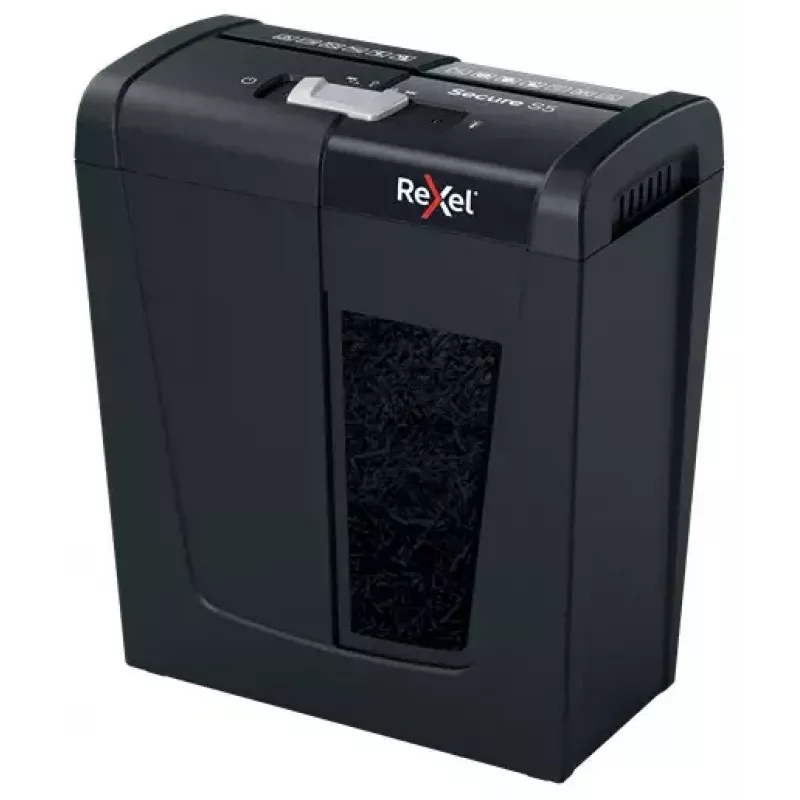Paper shredder REXEL Secure S5 — strip shredder, 5-sheet capacity, 6 mm cut, 10 L bin, P-2 security, black