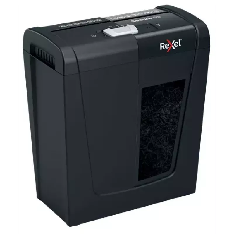 Paper shredder REXEL Secure S5 — strip shredder, 5-sheet capacity, 6 mm cut, 10 L bin, P-2 security, black