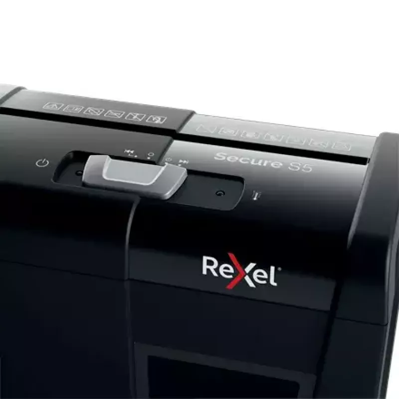 Paper shredder REXEL Secure S5 — strip shredder, 5-sheet capacity, 6 mm cut, 10 L bin, P-2 security, black