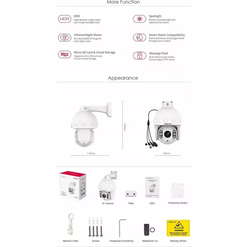 IP PTZ security camera Foscam SD8EP — 8 MP, 4x optical zoom, 6x digital, 355° pan, 90° tilt, IP66, outdoor, white
