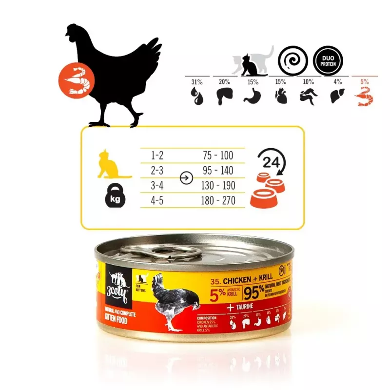 Wet cat food 3coty Chicken with krill for kittens, 80 g, complete feed, sugar-free, gluten- and soy-free