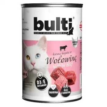 Wet cat food BULT Rich in beef 400 g — adult complete canned wet food, 77% moisture, 9% protein, gluten- and soy-free