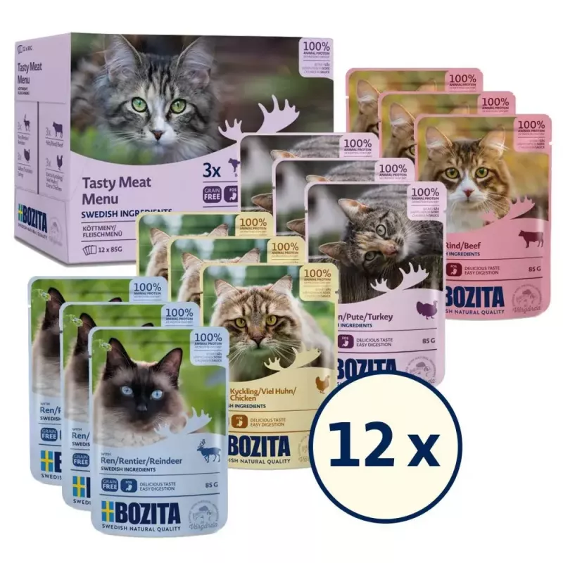 Wet cat food BOZITA 85 g sachet — Beef, Chicken, Deer, Turkey, grain-free, adult cats, 12×85g pack