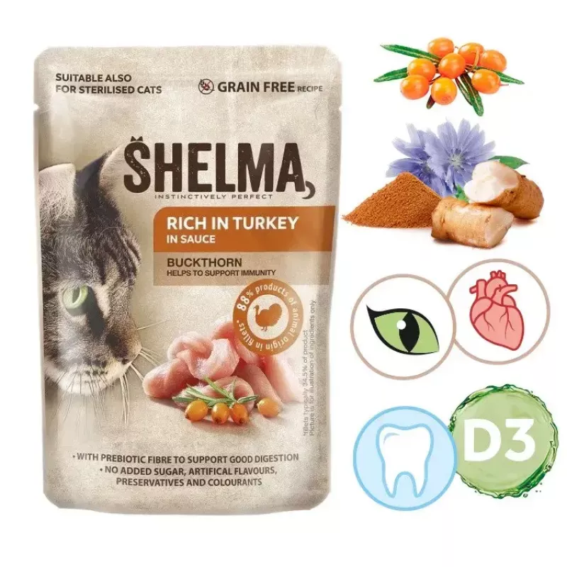 Wet cat food SHELMA Rich in turkey in sauce 85 g — adult, gluten-free, suitable for food allergies